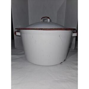 Vintage Enamelware Handled Stock Pot White with Red Trim and Lid 10-1/4” x 5.5”